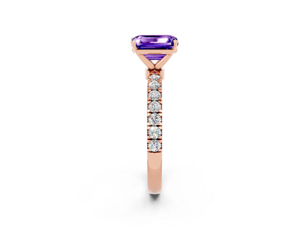Rose gold Emerald Cut Tanzanite Solitaire Ring with Pavé Accents and Four-Prong Setting