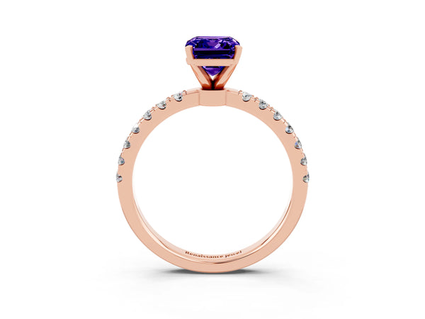 Rose gold Emerald Cut Tanzanite Solitaire Ring with Pavé Accents and Four-Prong Setting