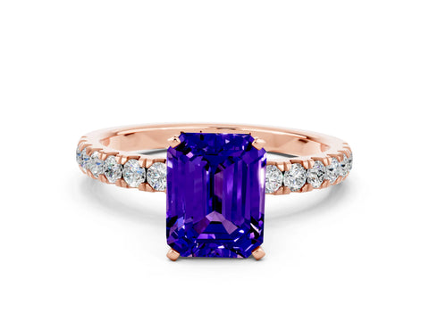 Rose gold Emerald Cut Tanzanite Solitaire Ring with Pavé Accents and Four-Prong Setting