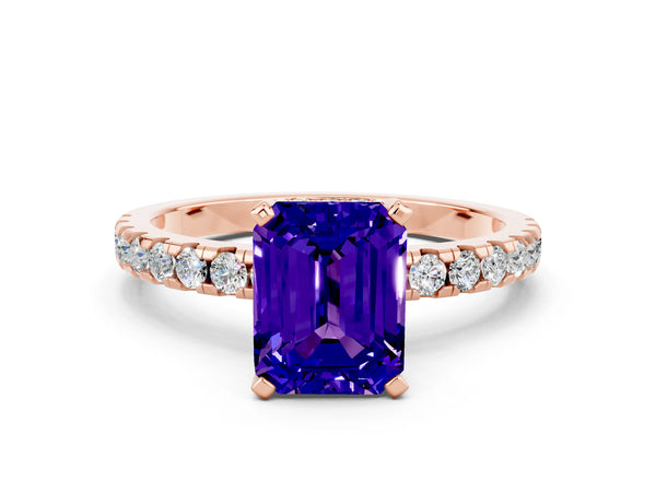 Rose gold Emerald Cut Tanzanite Solitaire Ring with Round  Pavé Band and Four-Prong Setting