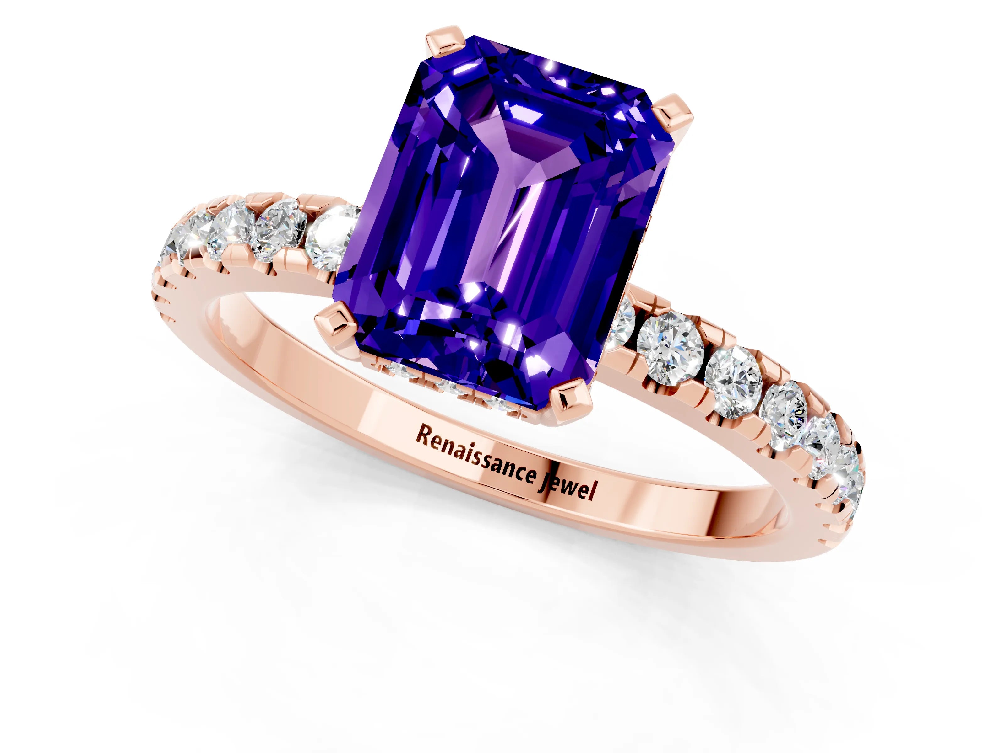 Rose gold Emerald Cut Tanzanite Solitaire Ring with Pavé Band and Four-Prong Setting_25