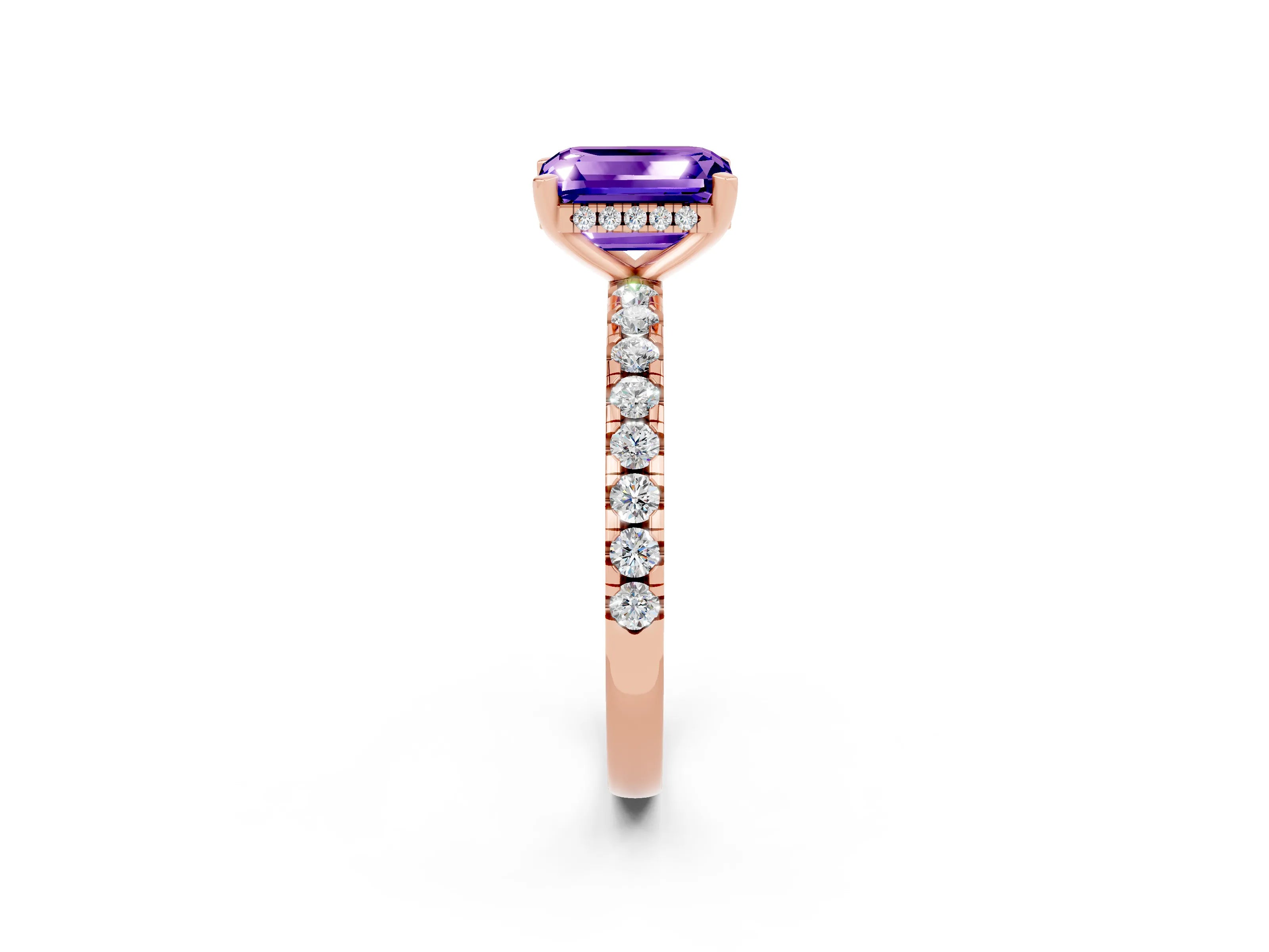 Rose gold Emerald Cut Tanzanite Solitaire Ring with Pavé Band and Four-Prong Setting_26