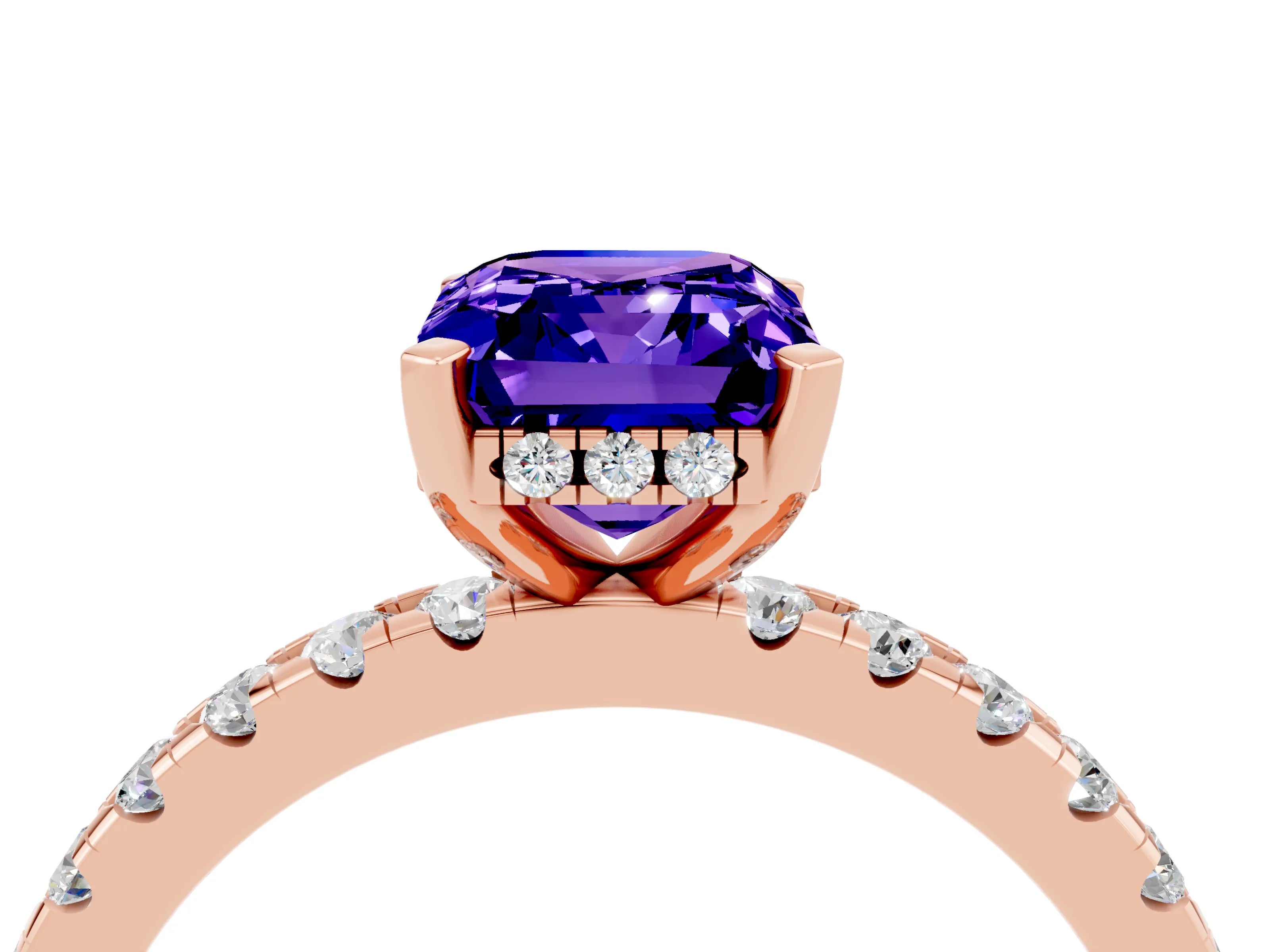 Rose gold Emerald Cut Tanzanite Solitaire Ring with Pavé Band and Four-Prong Setting_28