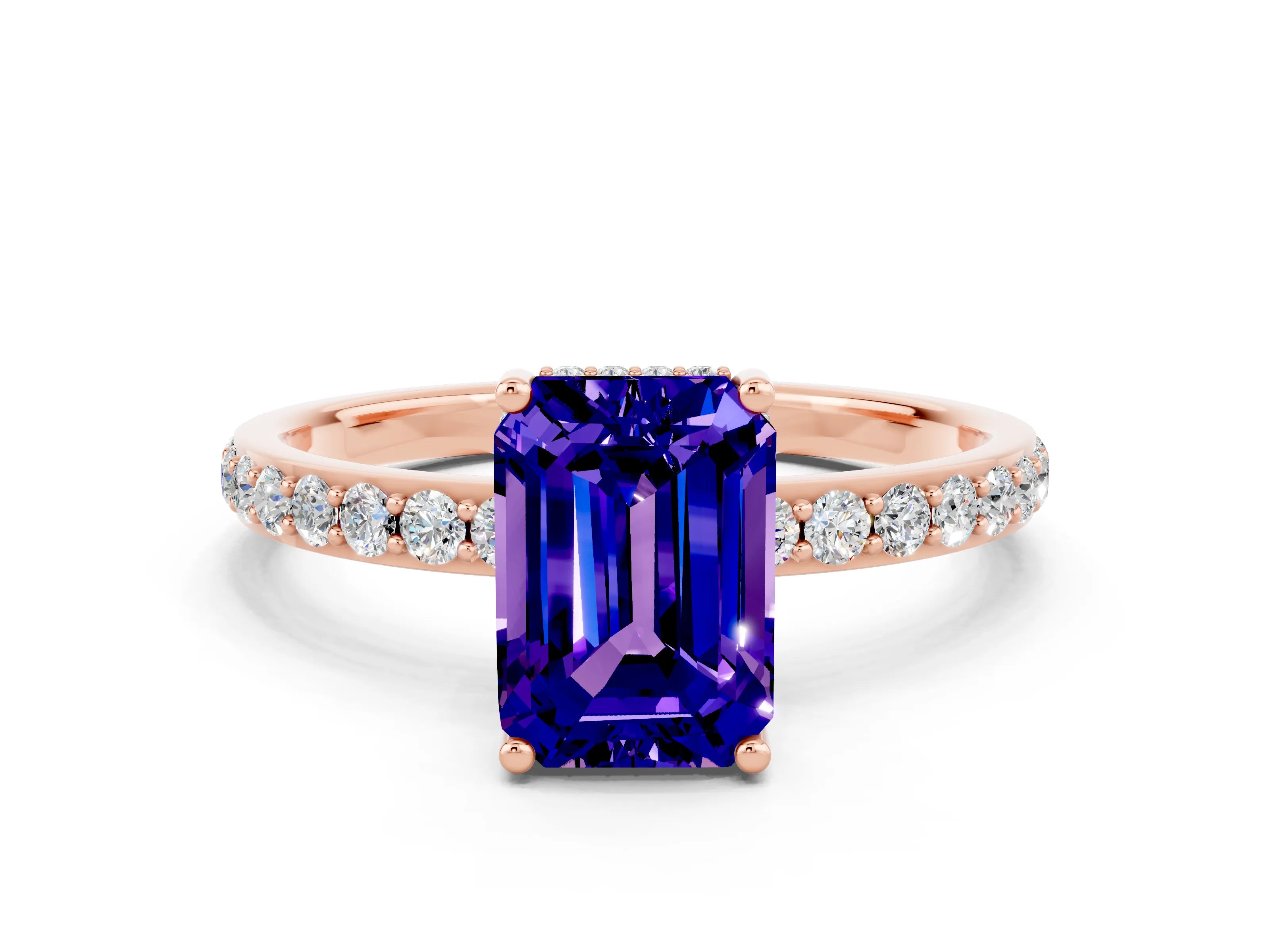 Rose gold Emerald Cut Tanzanite Solitaire Ring with Pavé Band and Hidden Halo_12