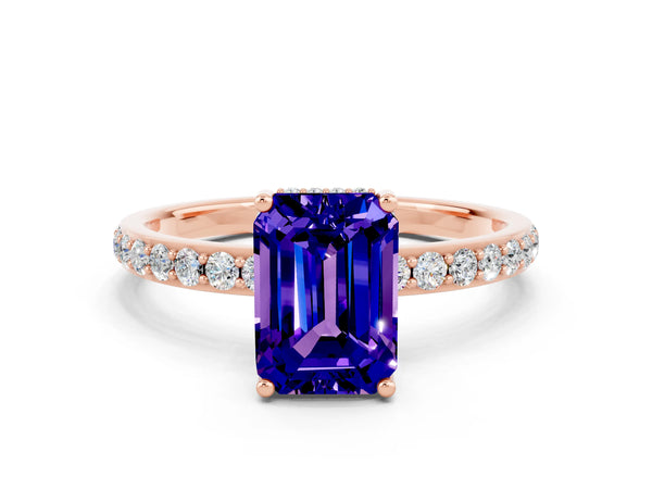 Rose gold Emerald Cut Tanzanite Solitaire Ring with Pavé Band and Hidden Halo