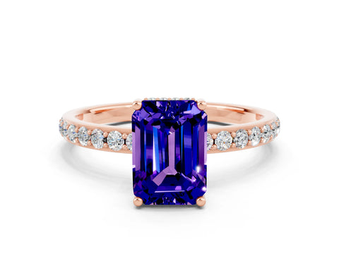 Rose gold Emerald Cut Tanzanite Solitaire Ring with Pavé Band and Hidden Halo_12