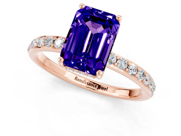 Rose gold Emerald Cut Tanzanite Solitaire Ring with Pavé Band and Hidden Halo