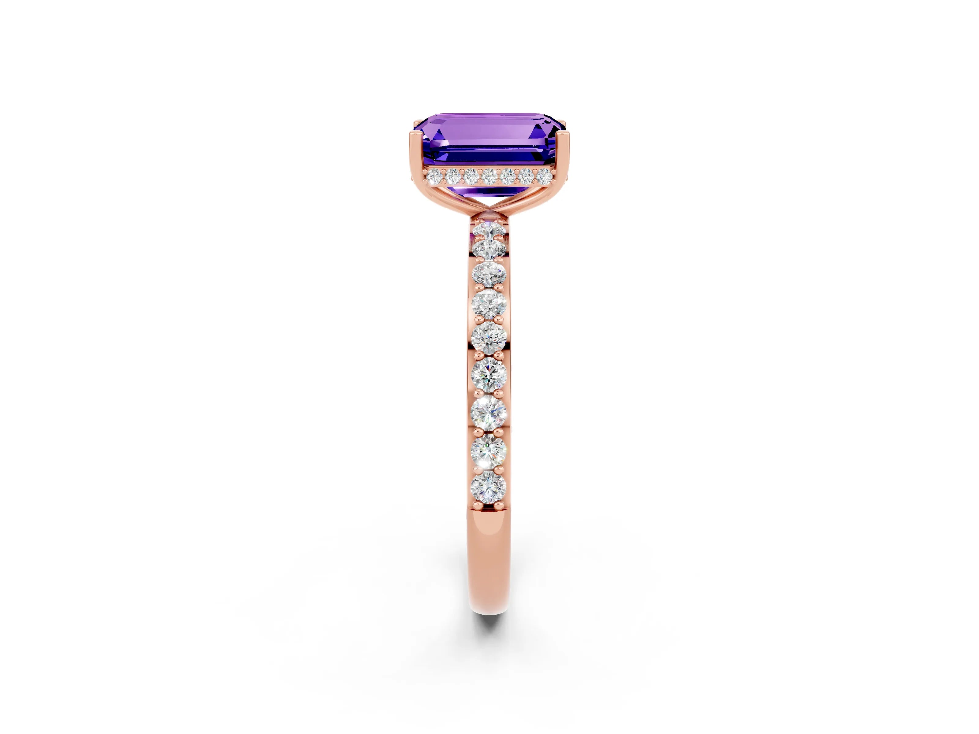 Rose gold Emerald Cut Tanzanite Solitaire Ring with Pavé Band and Hidden Halo_14