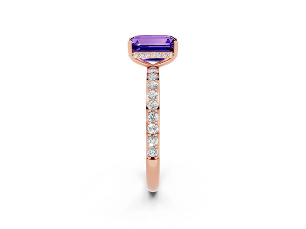Rose gold Emerald Cut Tanzanite Solitaire Ring with Pavé Band and Hidden Halo