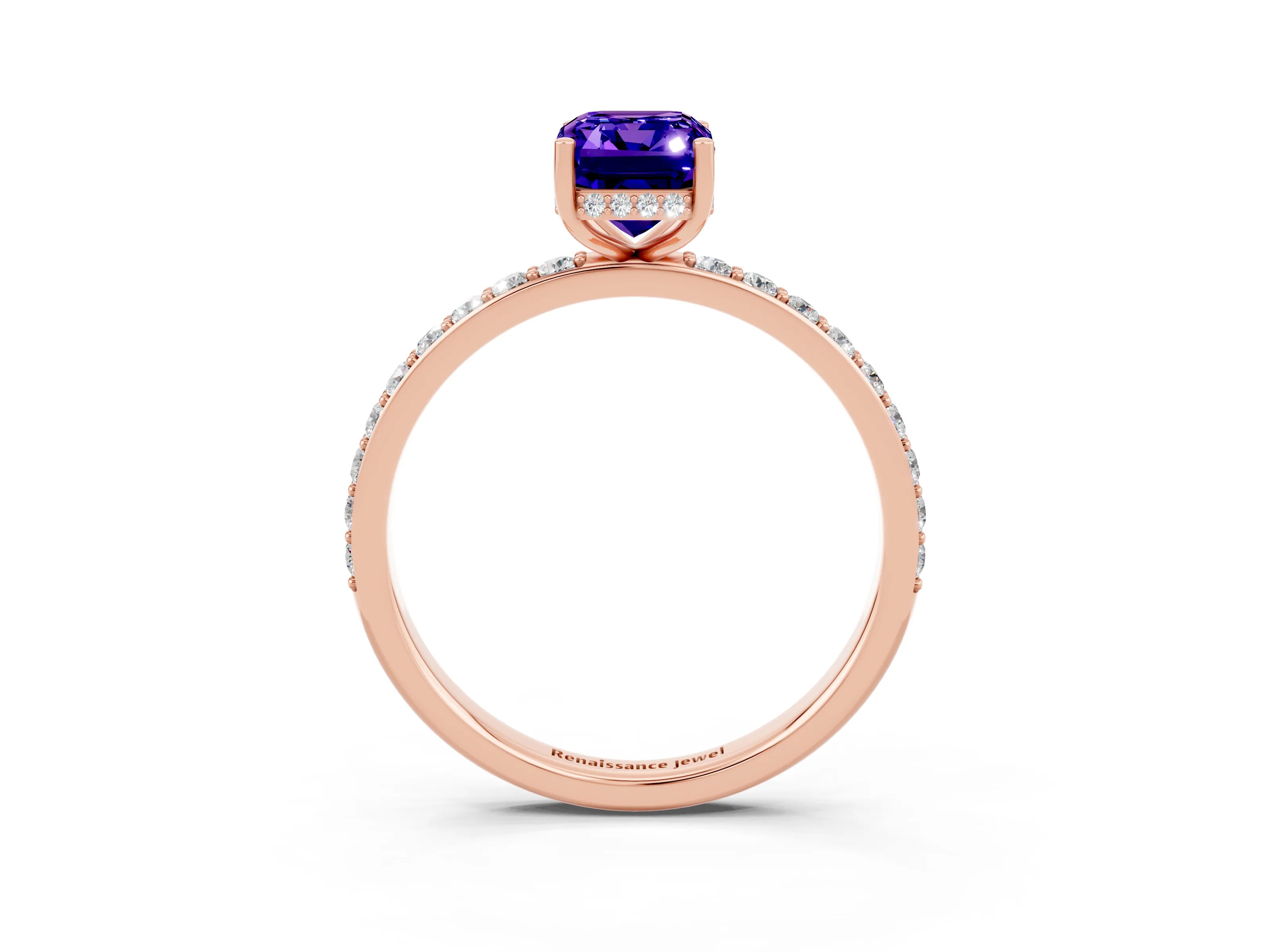 Rose gold Emerald Cut Tanzanite Solitaire Ring with Pavé Band and Hidden Halo_15