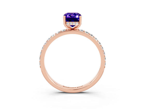 Rose gold Emerald Cut Tanzanite Solitaire Ring with Pavé Band and Hidden Halo