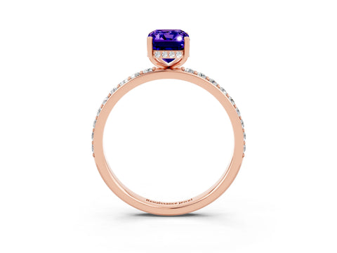 Rose gold Emerald Cut Tanzanite Solitaire Ring with Pavé Band and Hidden Halo_15