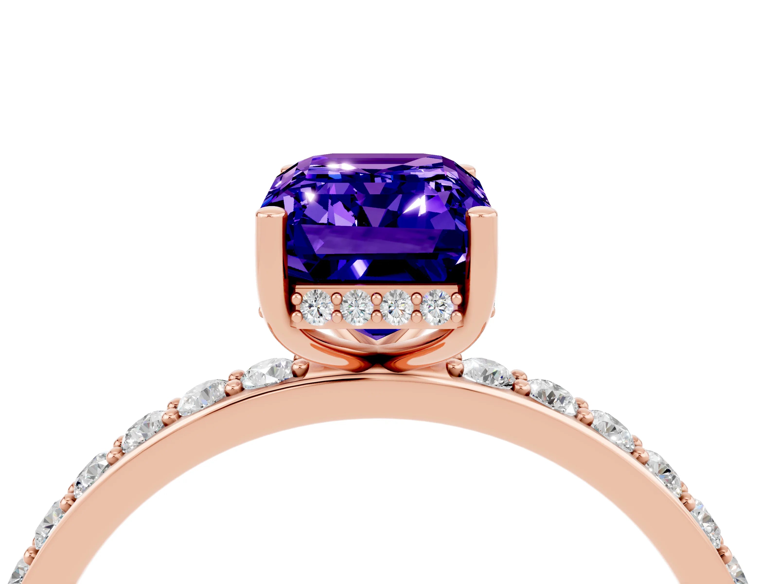 Rose gold Emerald Cut Tanzanite Solitaire Ring with Pavé Band and Hidden Halo_16