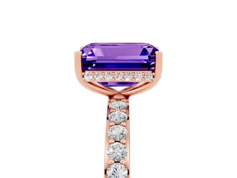 Rose gold Emerald Cut Tanzanite Solitaire Ring with Pavé Band and Hidden Halo_17