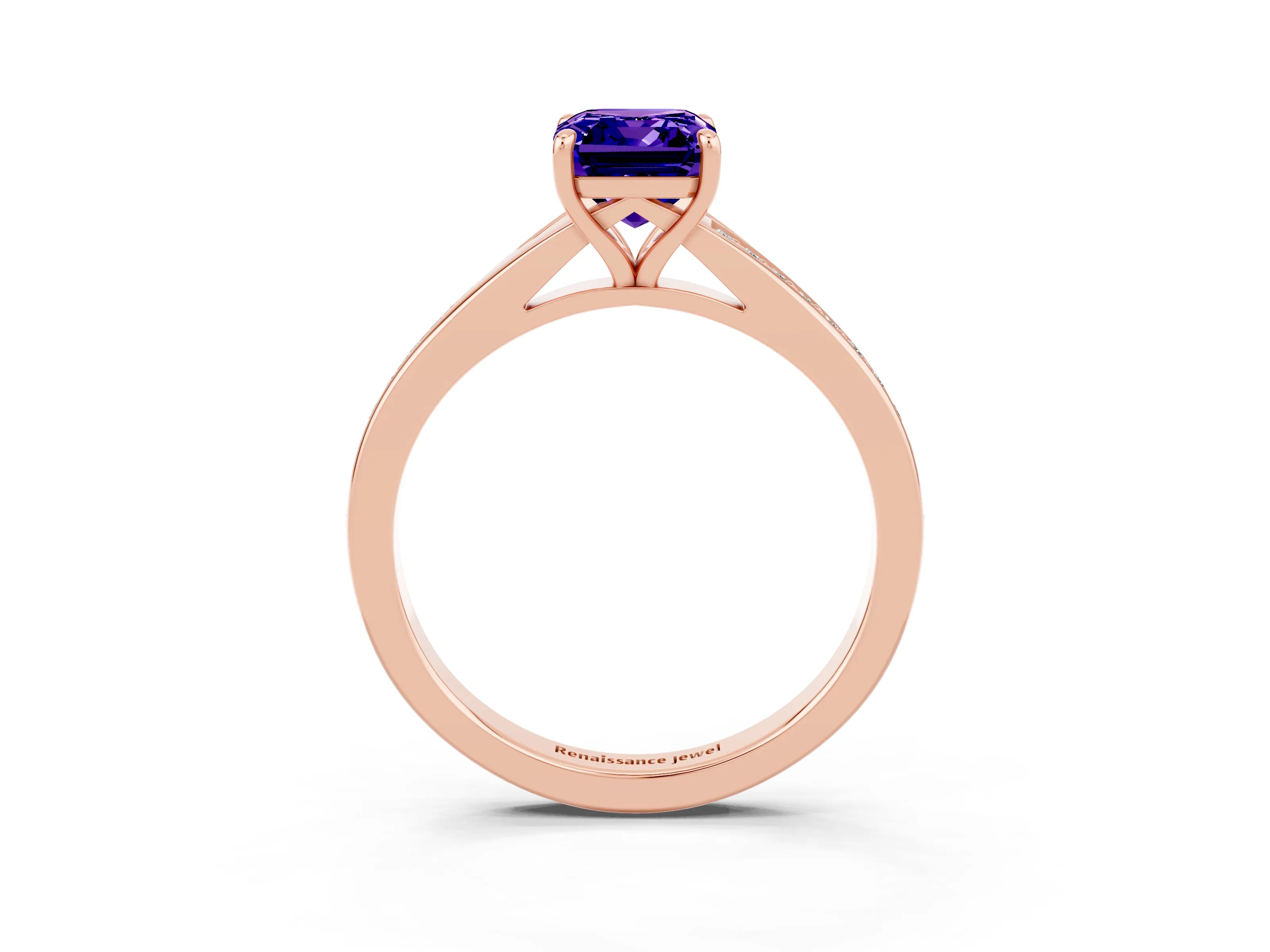 Rose gold Emerald Cut Tanzanite Solitaire Ring with Pavé Band and Prong Setting_3