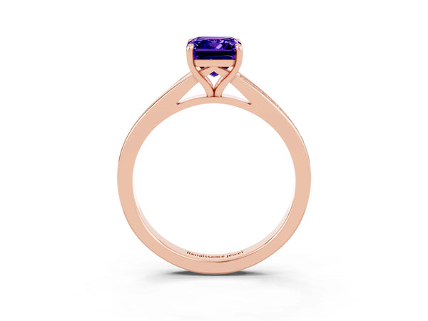 Rose gold Emerald Cut Tanzanite Solitaire Ring with Pavé Band and Prong Setting
