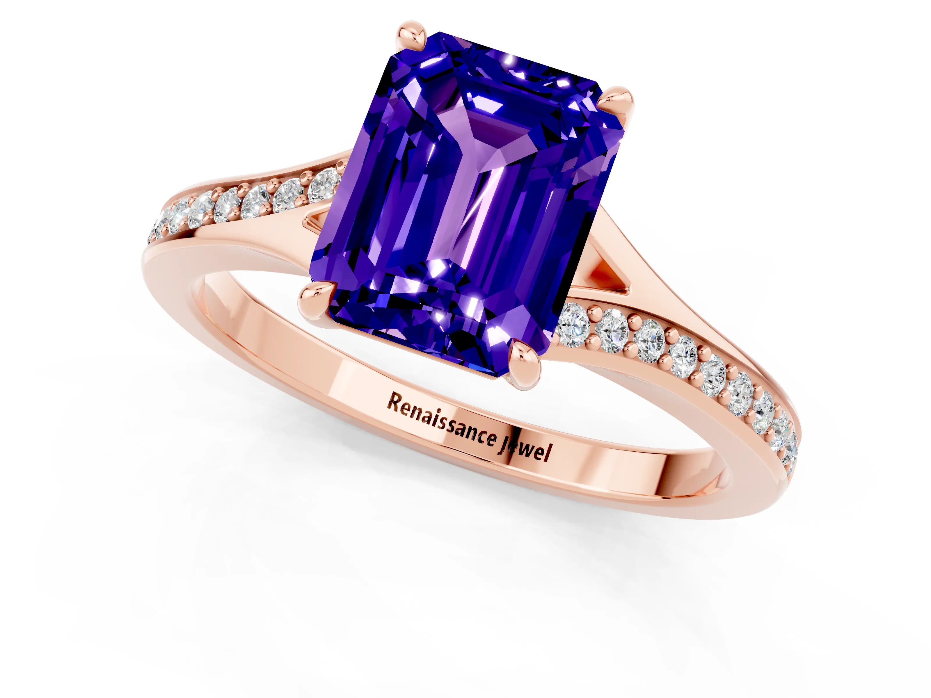 Rose gold Emerald Cut Tanzanite Solitaire Ring with Pavé Band and Prong Setting_37