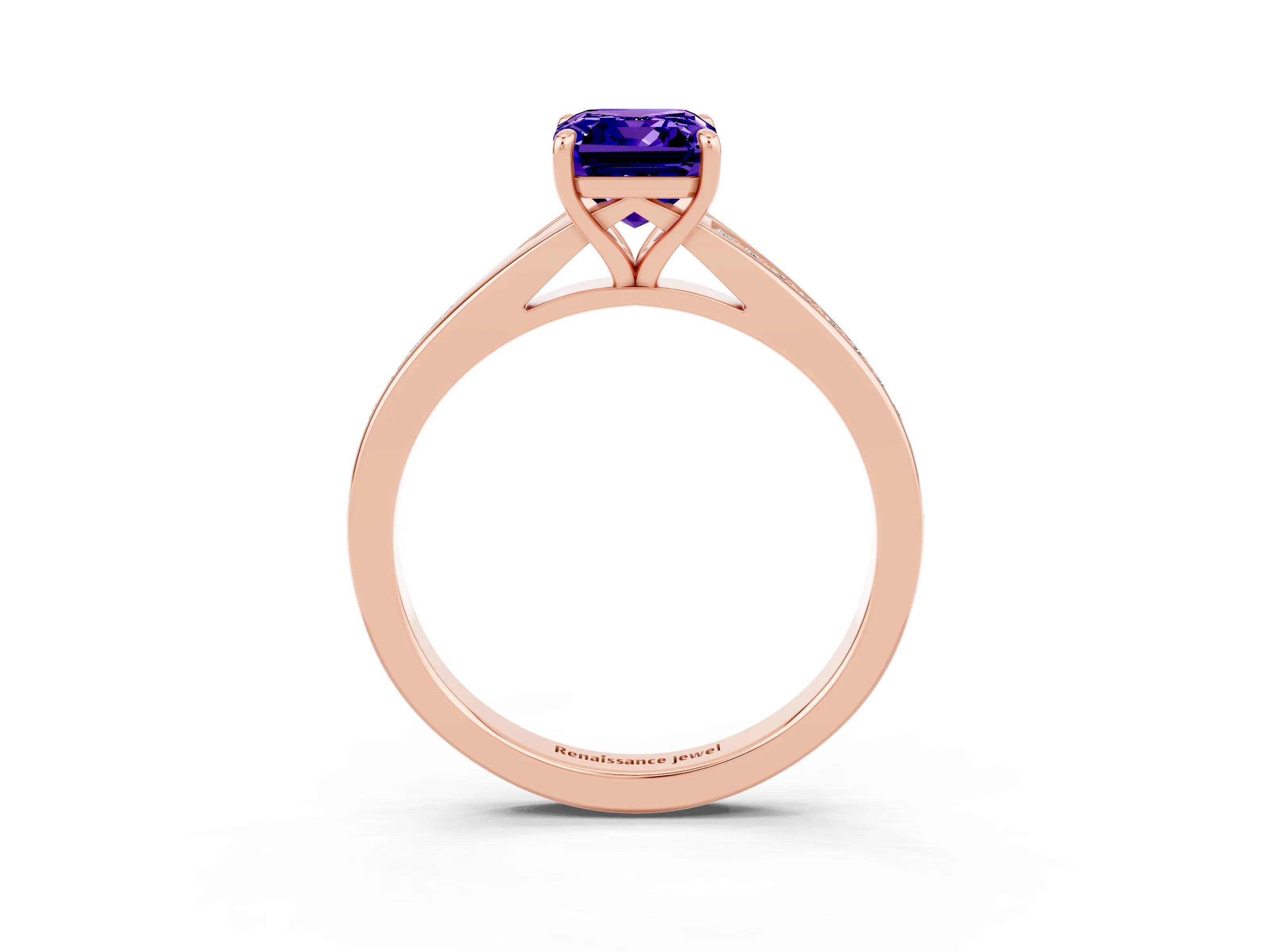 Rose gold Emerald Cut Tanzanite Solitaire Ring with Pavé Band and Prong Setting_39