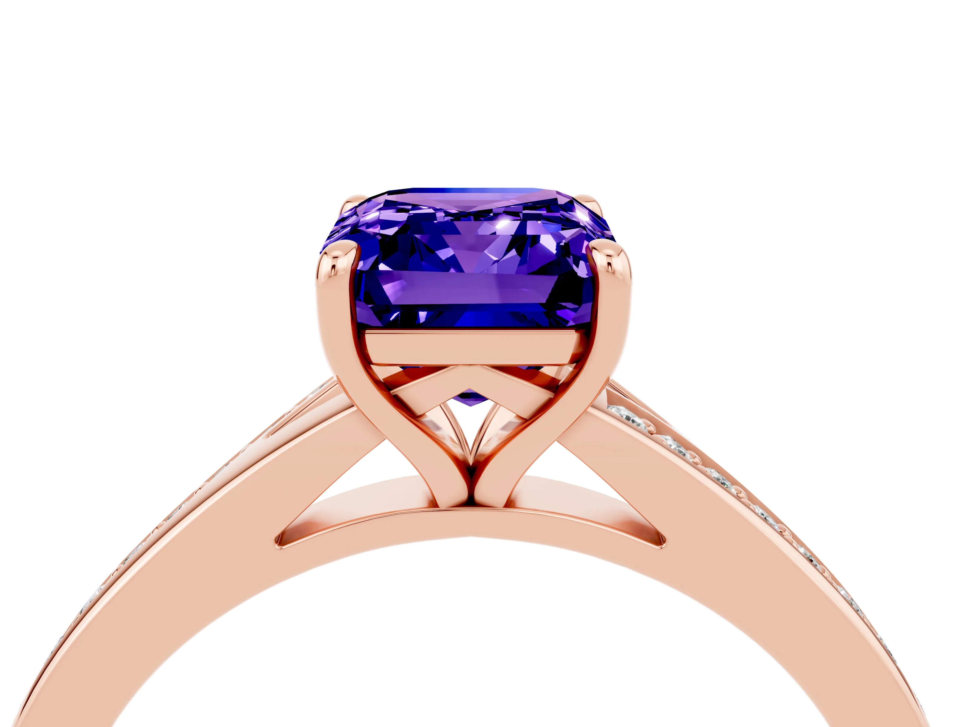 Rose gold Emerald Cut Tanzanite Solitaire Ring with Pavé Band and Prong Setting_40