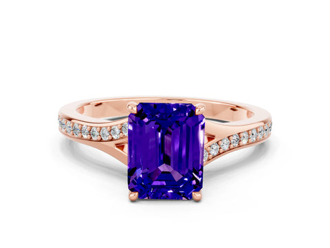 Rose gold Emerald Cut Tanzanite Solitaire Ring with Pavé Band and Prong Setting