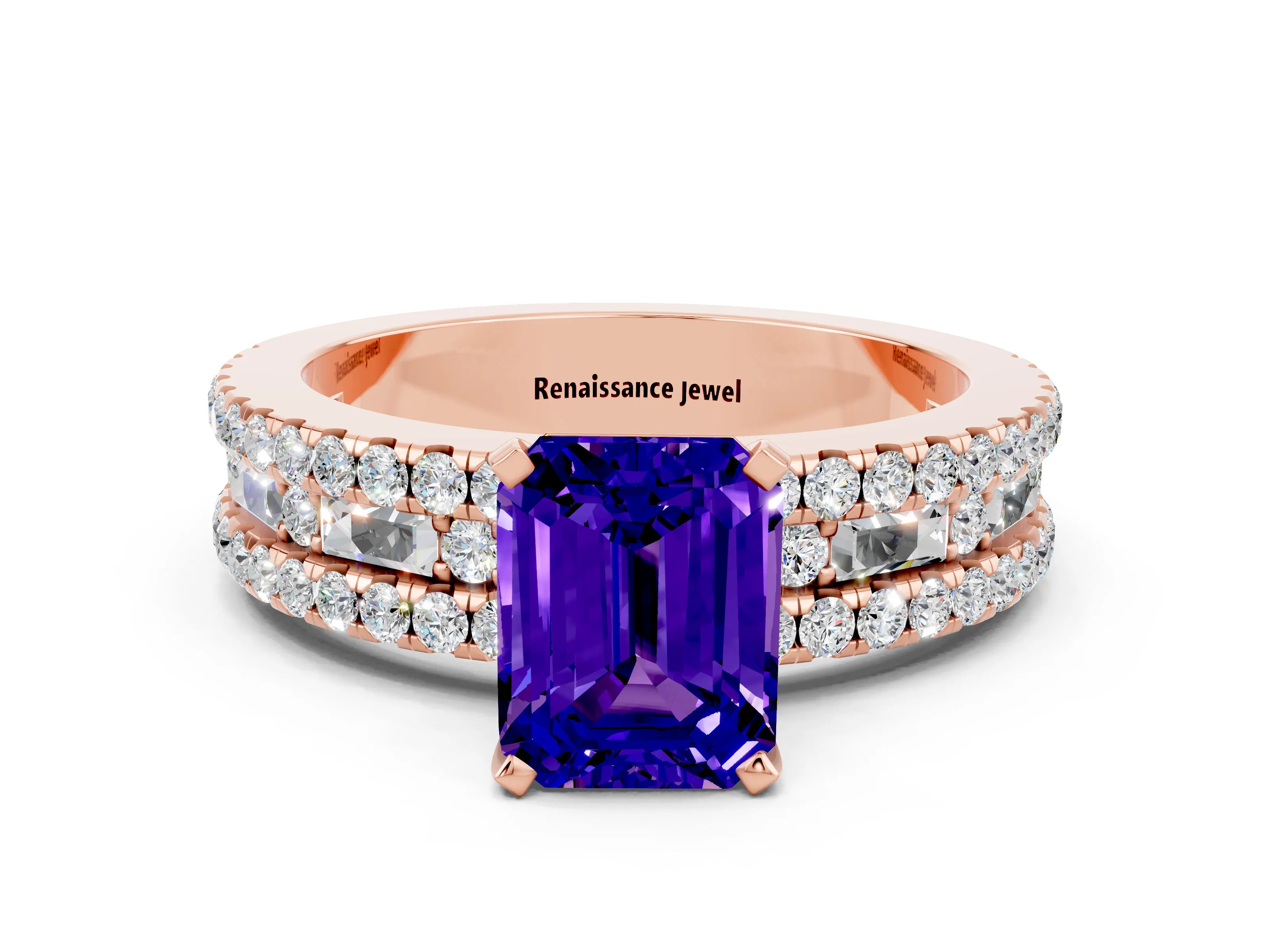 Rose gold Emerald Cut Tanzanite Solitaire Ring with Pavé and Channel Set Band