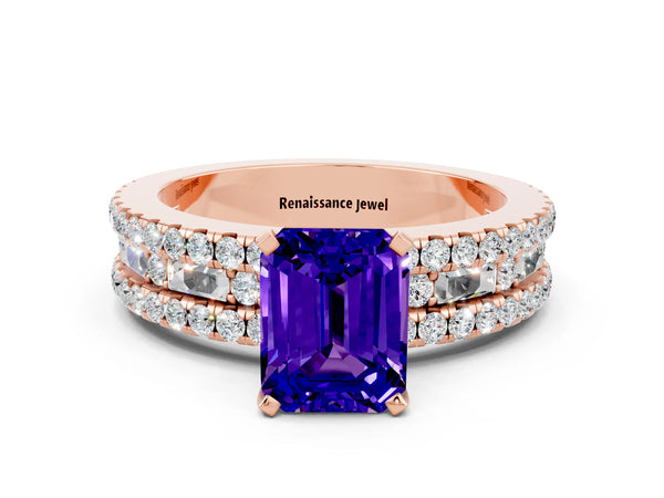 Rose gold Emerald Cut Tanzanite Solitaire Ring with Pavé and Channel Set Band