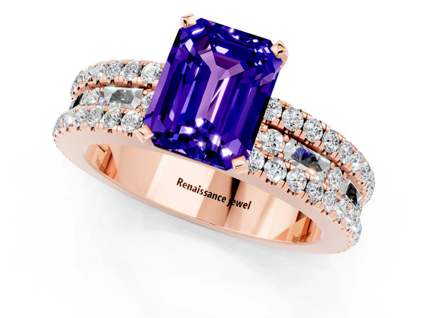 Rose gold Emerald Cut Tanzanite Solitaire Ring with Pavé and Channel Set Band