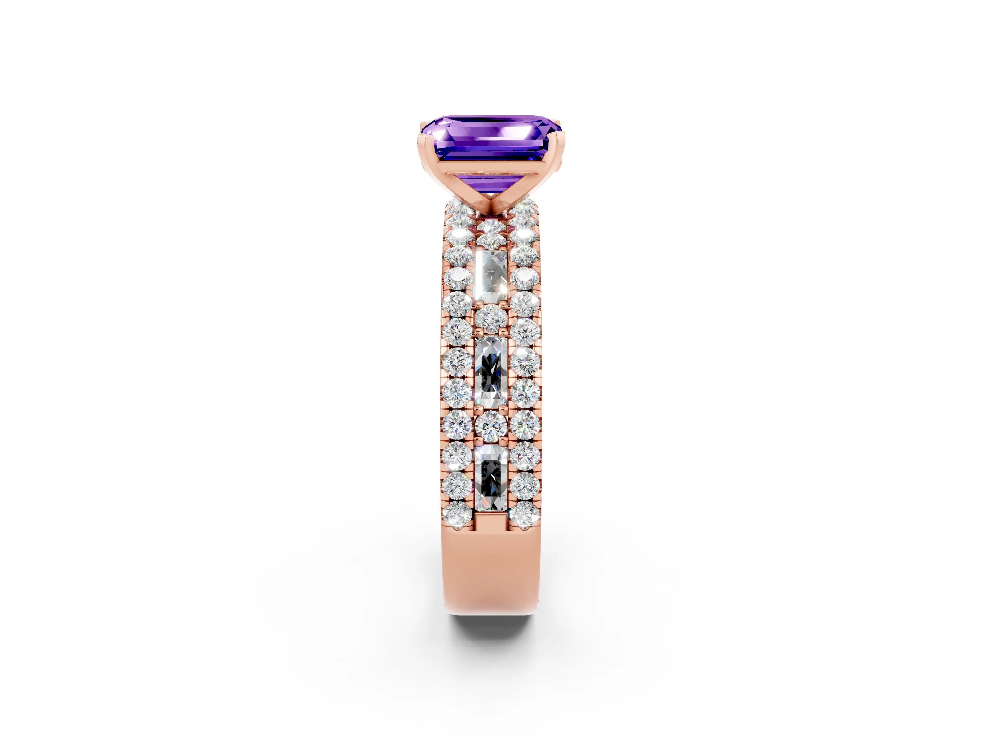 Rose gold Emerald Cut Tanzanite Solitaire Ring with Pavé and Channel Set Band_2