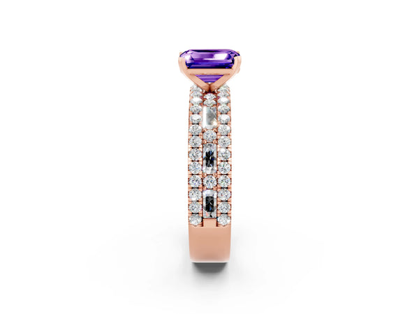 Rose gold Emerald Cut Tanzanite Solitaire Ring with Pavé and Channel Set Band