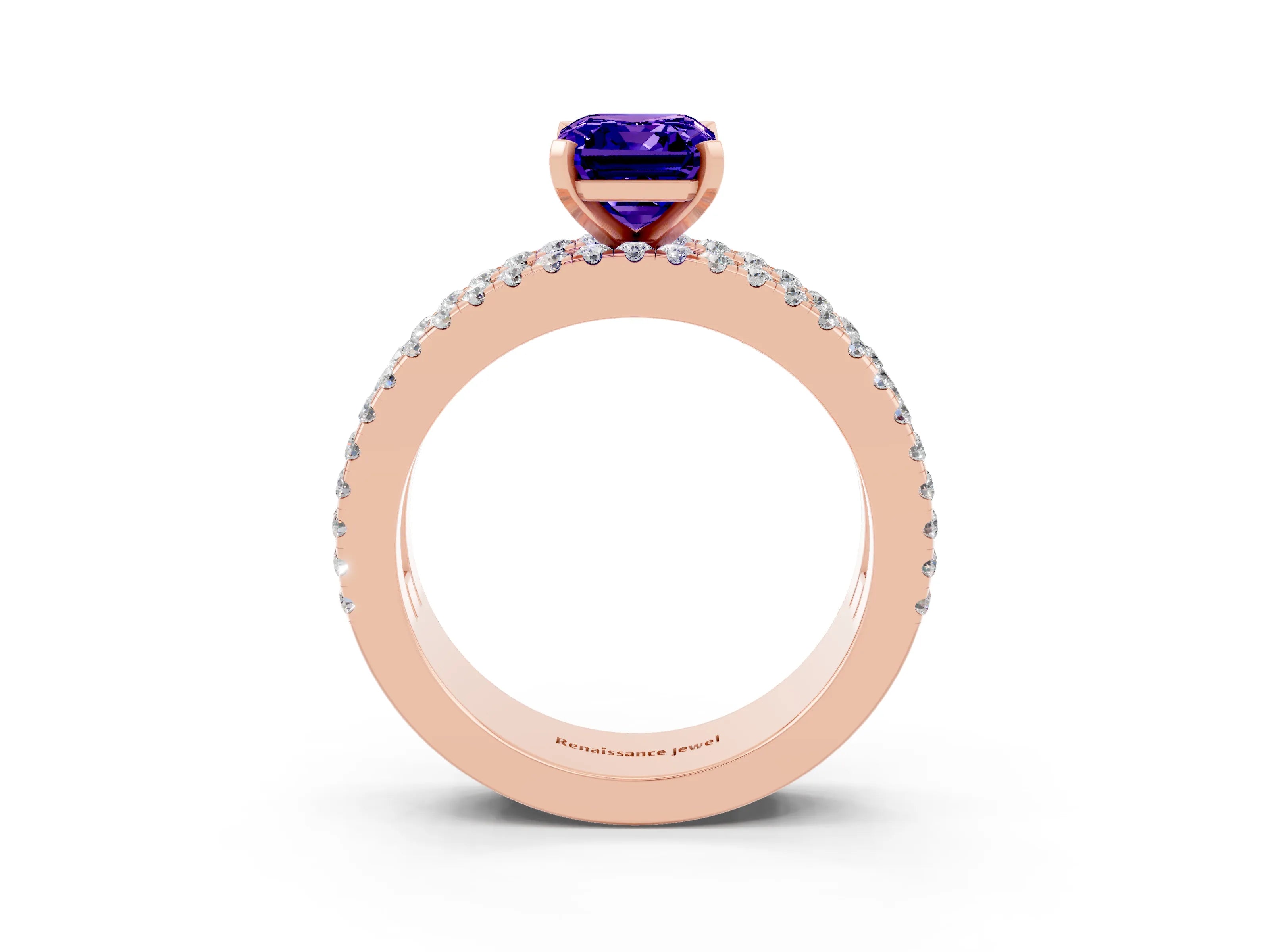 Rose gold Emerald Cut Tanzanite Solitaire Ring with Pavé and Channel Set Band_3