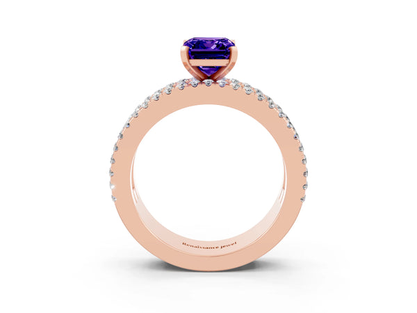 Rose gold Emerald Cut Tanzanite Solitaire Ring with Pavé and Channel Set Band
