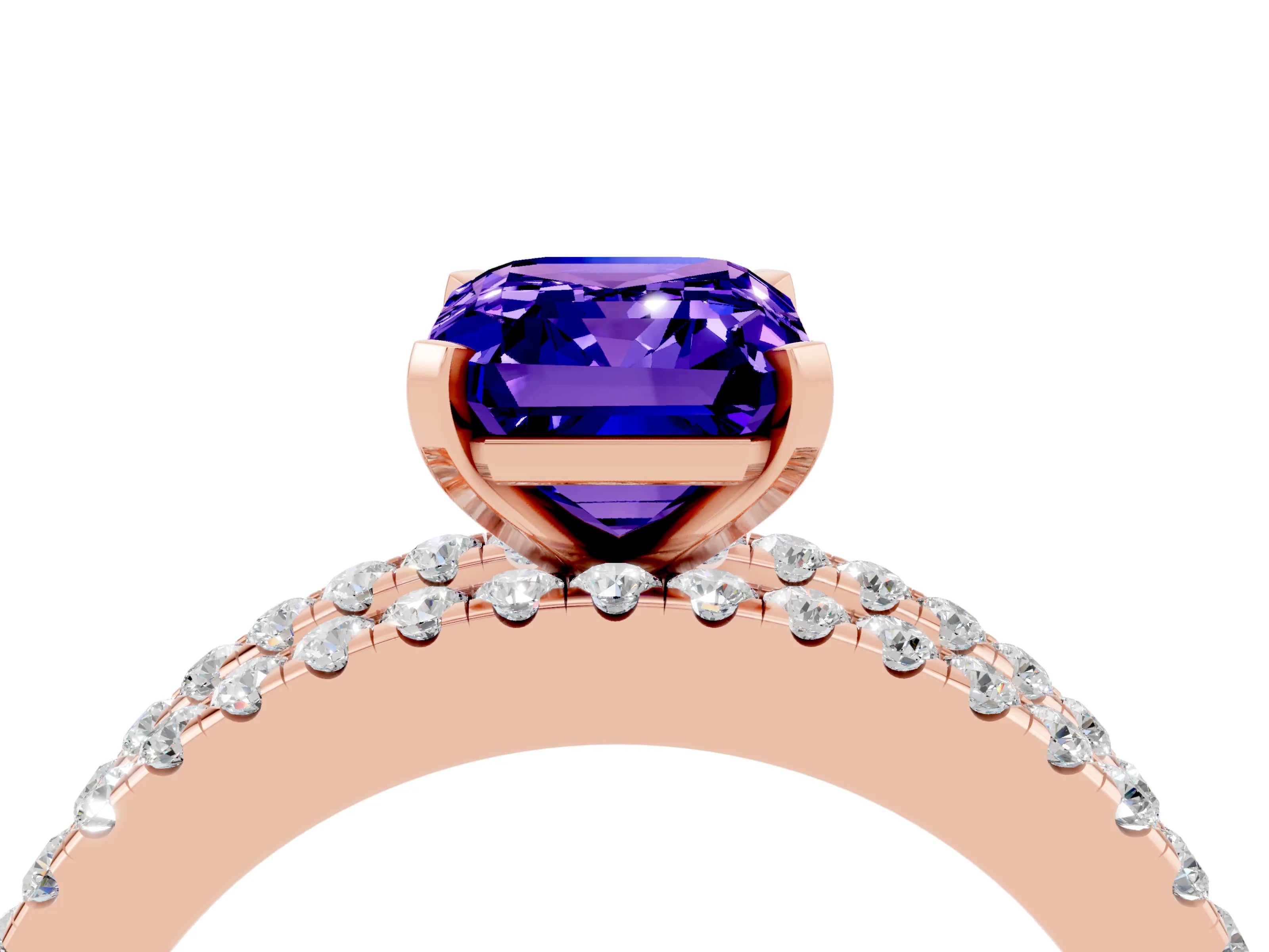 Rose gold Emerald Cut Tanzanite Solitaire Ring with Pavé and Channel Set Band_4