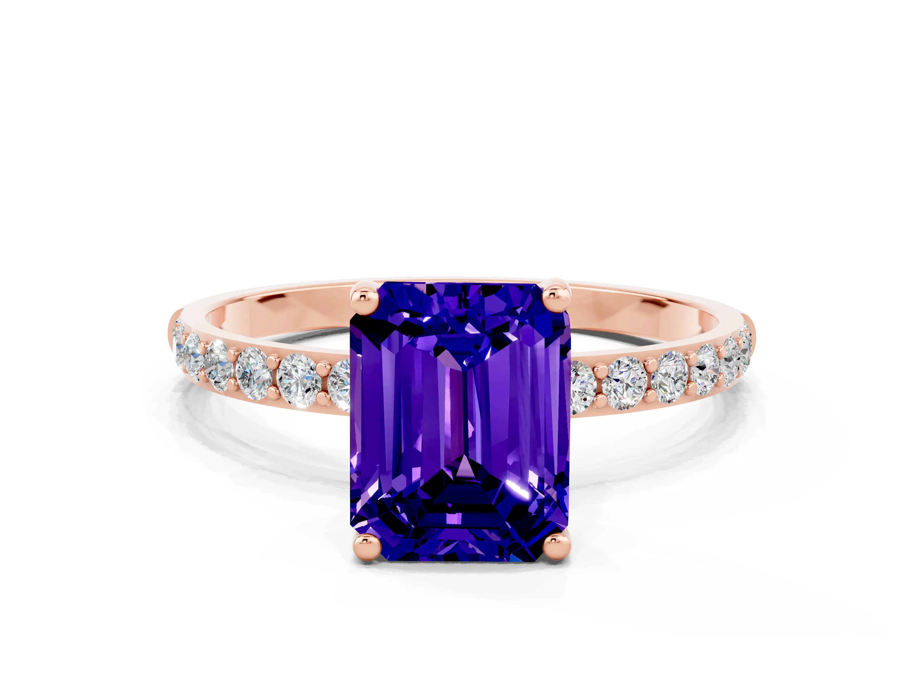 Rose gold Emerald Cut Tanzanite Solitaire Ring with Pave Band and Four Prong Setting_12