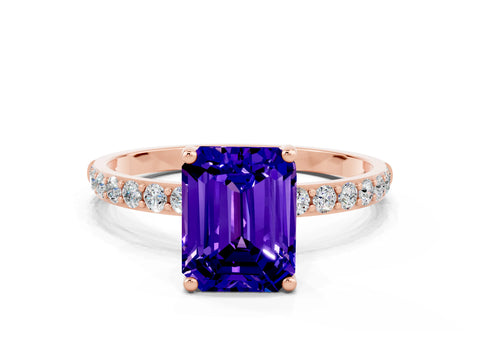 Rose gold Emerald Cut Tanzanite Solitaire Ring with Pave Band and Four Prong Setting_12