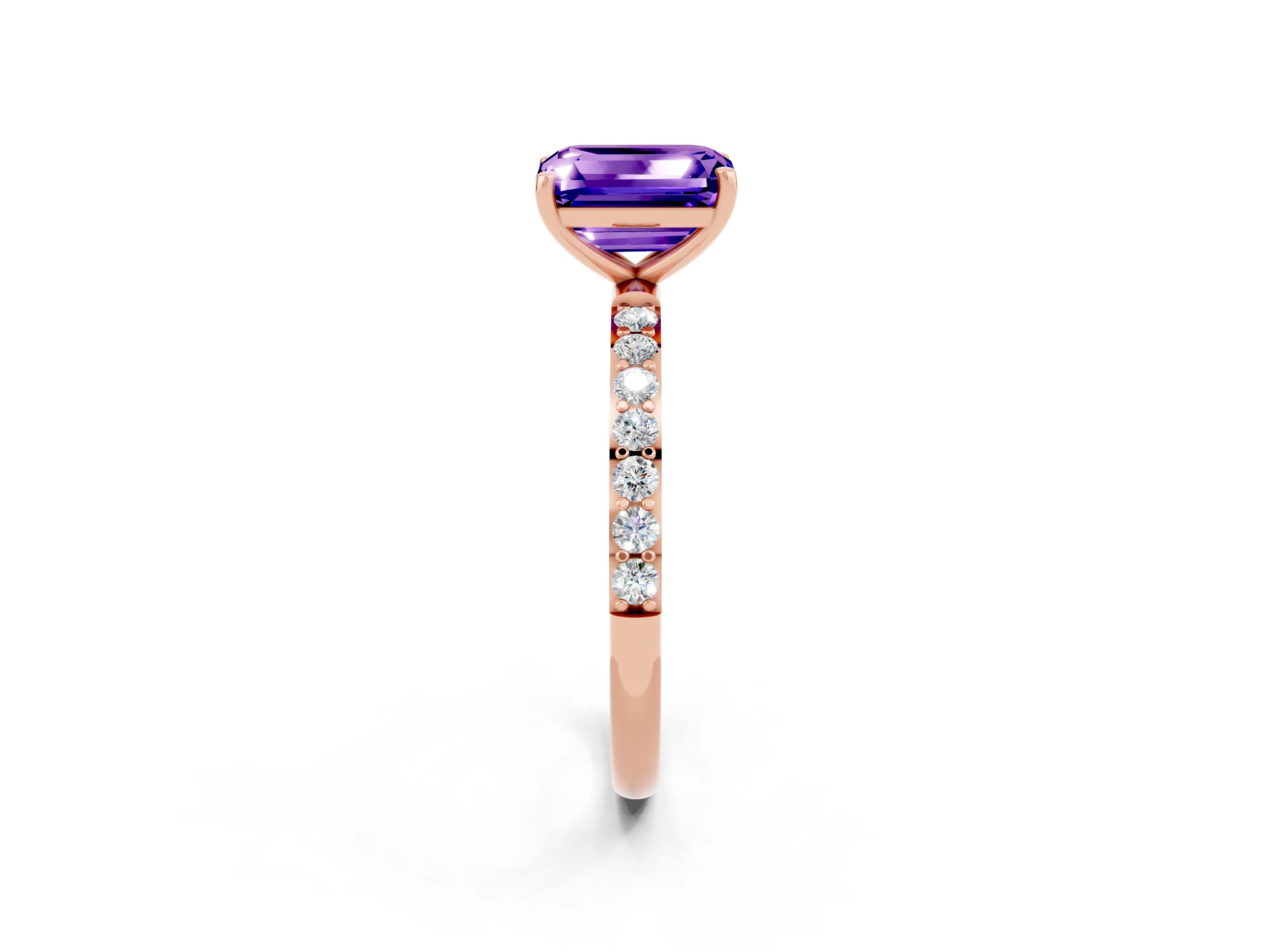 Rose gold Emerald Cut Tanzanite Solitaire Ring with Pave Band and Four Prong Setting_14