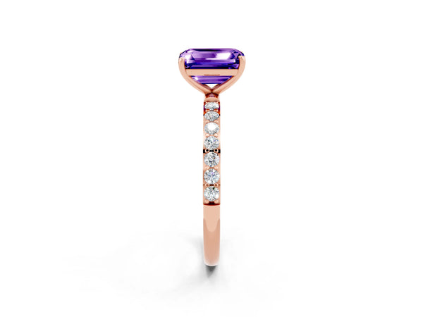 Rose gold Emerald Cut Tanzanite Solitaire Ring with Round  Pavé Band and Prong Setting