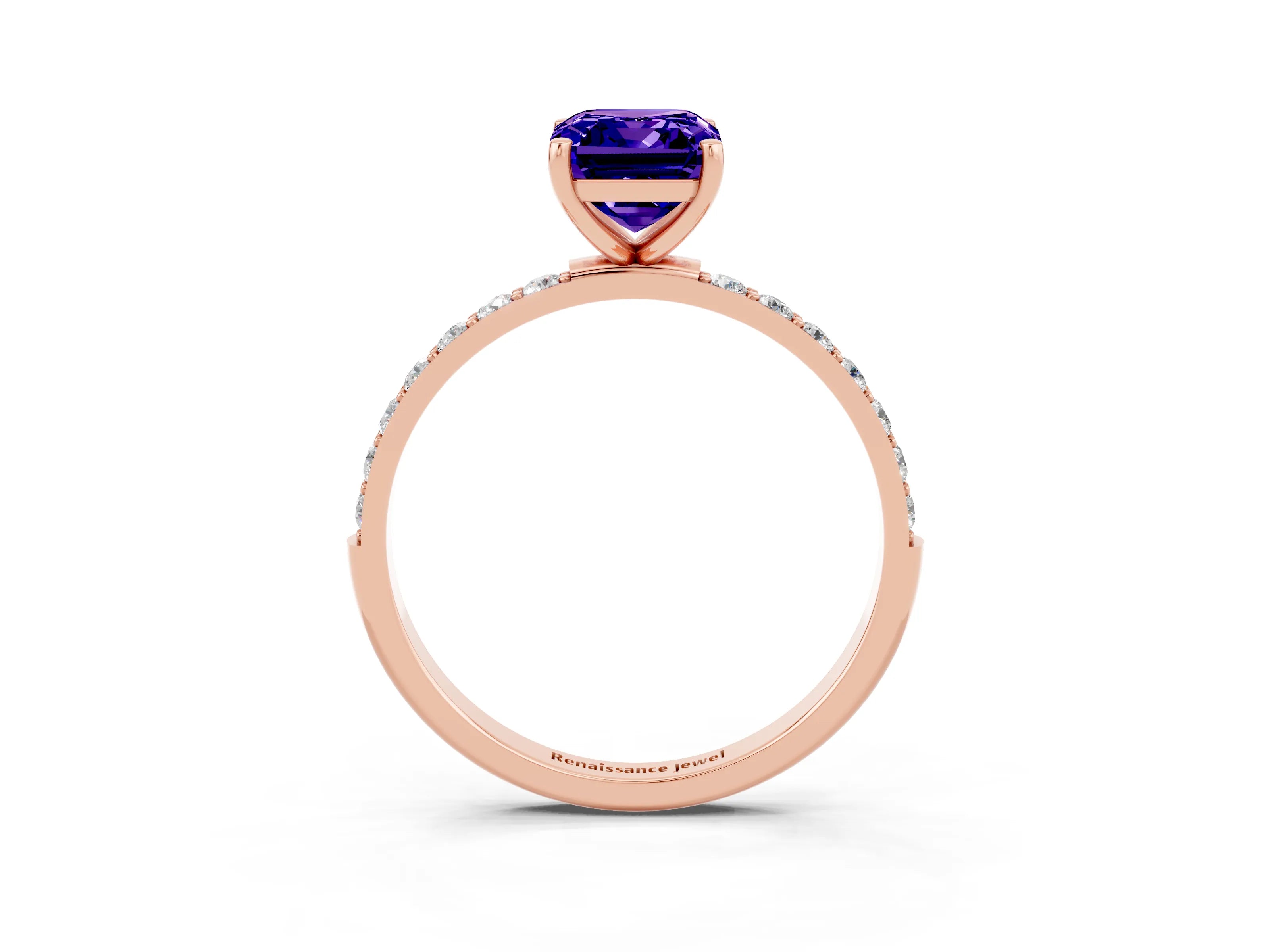 Rose gold Emerald Cut Tanzanite Solitaire Ring with Pave Band and Four Prong Setting_15