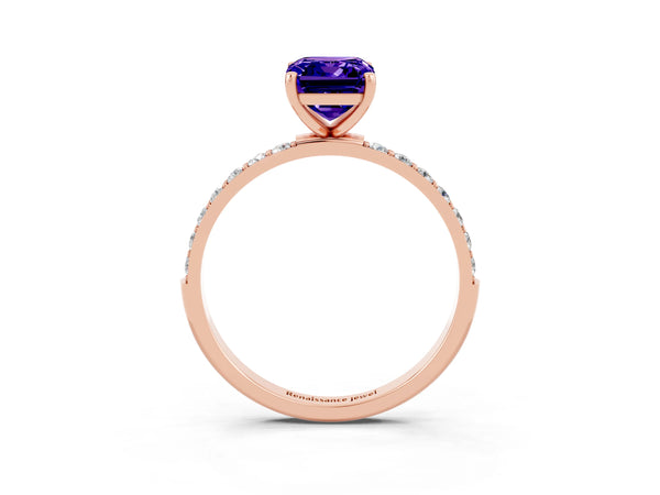 Rose gold Emerald Cut Tanzanite Solitaire Ring with Round  Pavé Band and Prong Setting