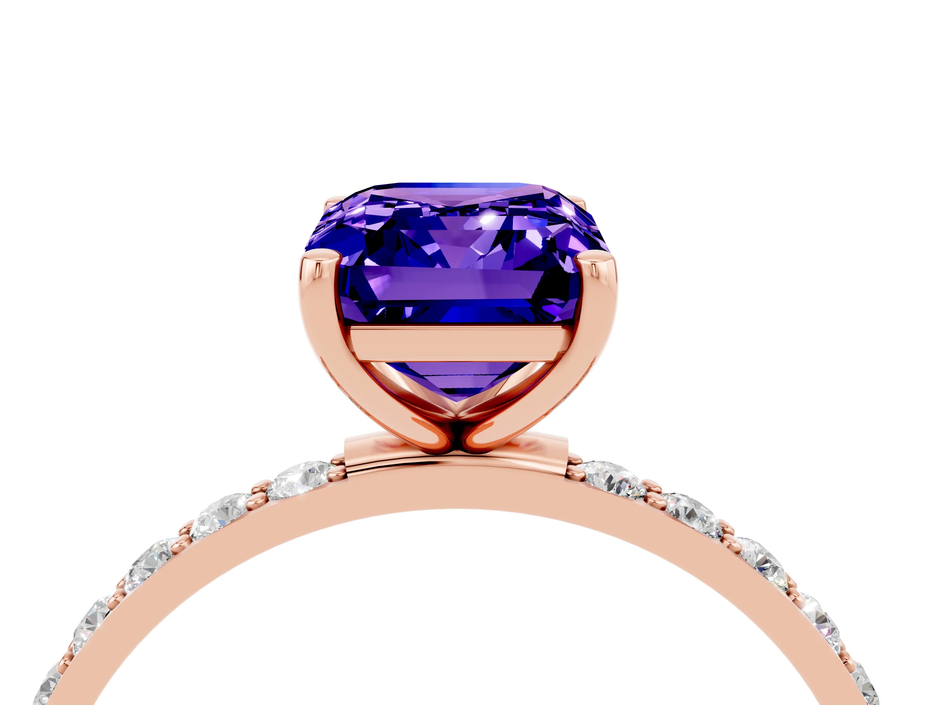 Rose gold Emerald Cut Tanzanite Solitaire Ring with Pave Band and Four Prong Setting_16