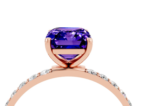 Rose gold Emerald Cut Tanzanite Solitaire Ring with Pave Band and Four Prong Setting_16