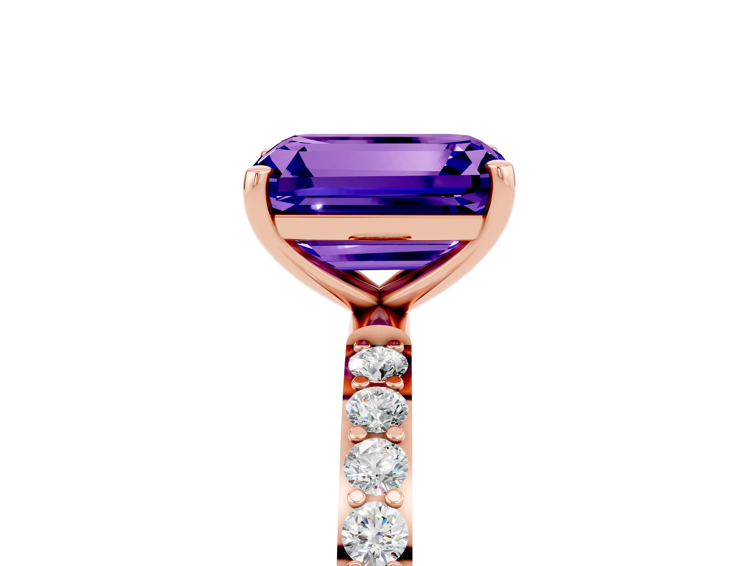 Rose gold Emerald Cut Tanzanite Solitaire Ring with Pave Band and Four Prong Setting_17