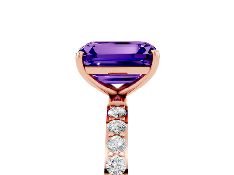 Rose gold Emerald Cut Tanzanite Solitaire Ring with Pave Band and Four Prong Setting_17