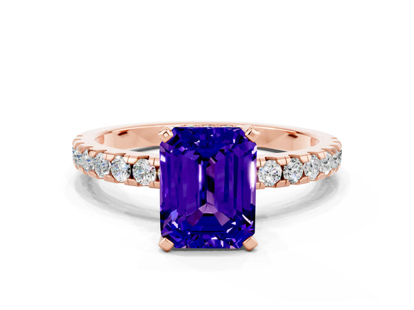 Rose gold Emerald Cut Tanzanite Solitaire Ring with Round  Pavé Band and Four-Prong Setting