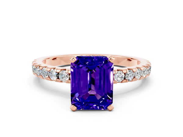 Rose gold Emerald Cut Tanzanite Solitaire Ring with Round Pavé Band and Four-Prong Setting