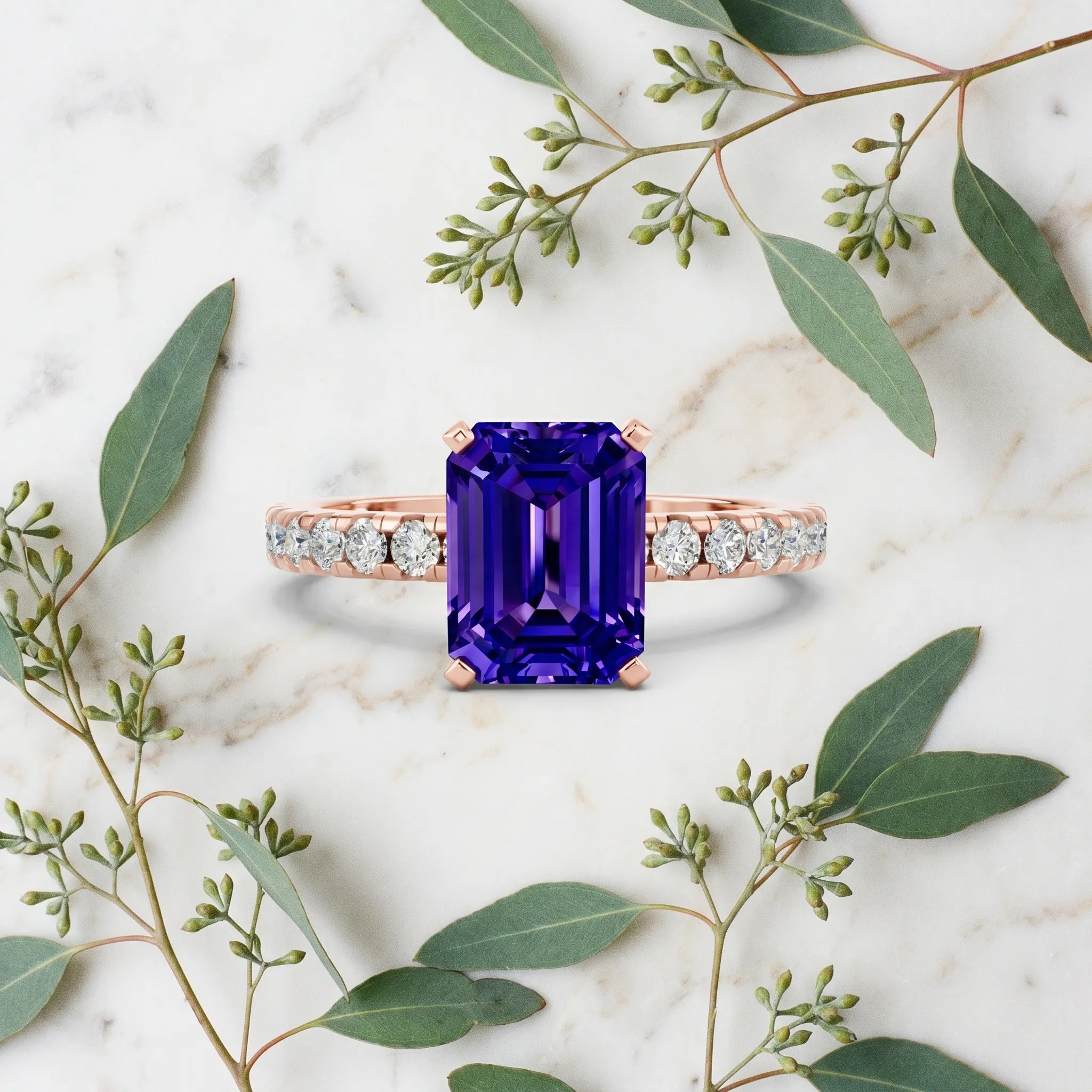 Rose gold Emerald Cut Tanzanite Solitaire Ring with Round  Pavé Band and Four-Prong Setting_45