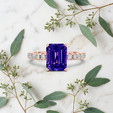 Rose gold Emerald Cut Tanzanite Solitaire Ring with Round  Pavé Band and Four-Prong Setting_45