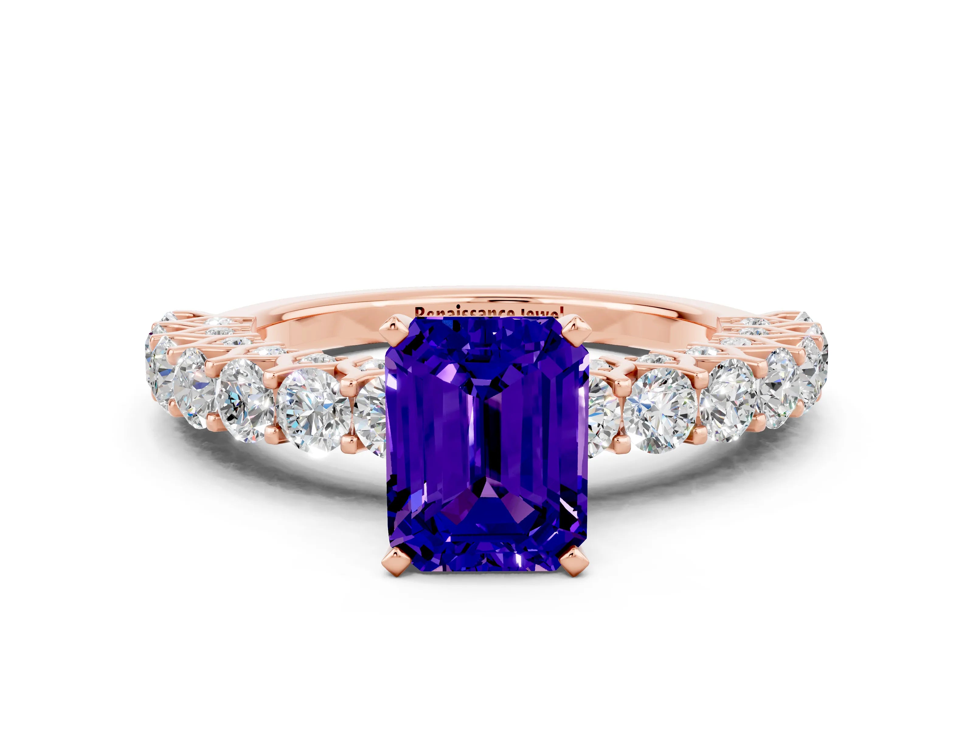 Rose gold Emerald Cut Tanzanite Solitaire Ring with Shared Prong Pavé Band and Four-Prong Setting