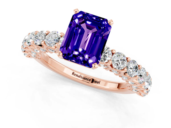 Rose gold Emerald Cut Tanzanite Solitaire Ring with Shared Prong Pavé Band and Four-Prong Setting