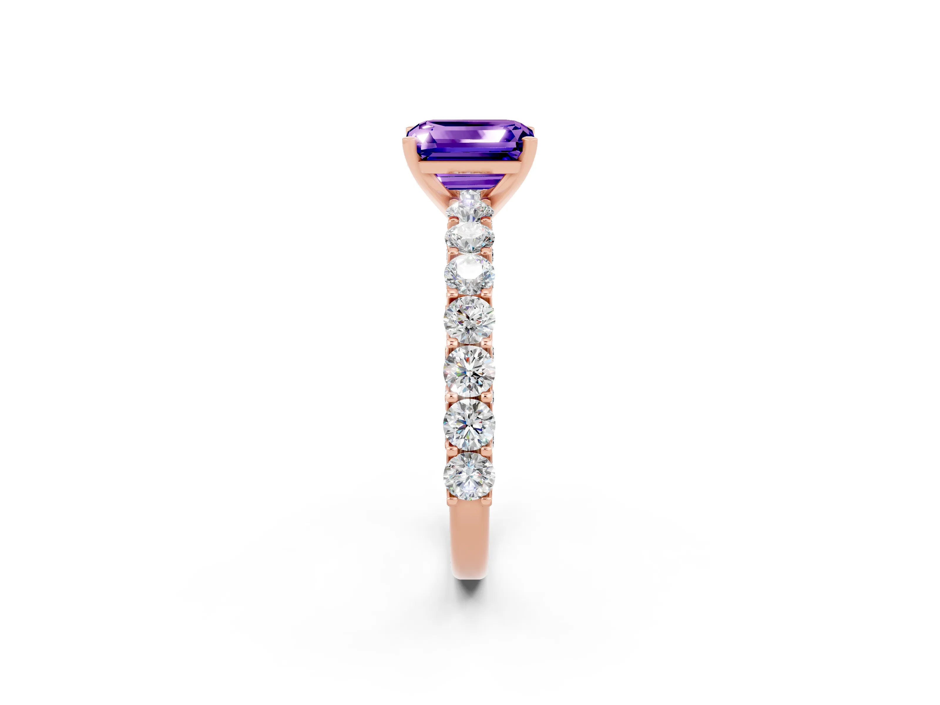 Rose gold Emerald Cut Tanzanite Solitaire Ring with Shared Prong Pavé Band and Four-Prong Setting_2