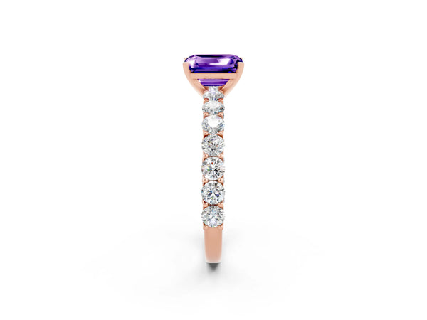 Rose gold Emerald Cut Tanzanite Solitaire Ring with Shared Prong Pavé Band and Four-Prong Setting